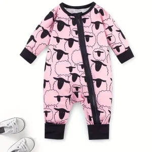 LULUKAKA Cute Sheep Print Zip-Up Bodysuit for Baby Boys - Long Sleeve, Stretchy Polyester Blend, Machine Washable, LULUKAKA, Perfect for Outdoor