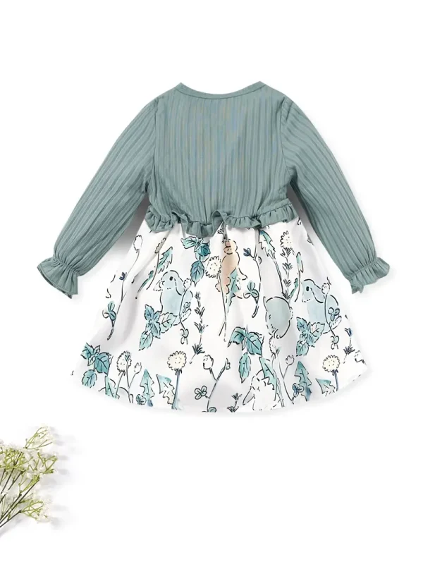 [1pc Floral Print Butterfly Bow Dress] 1pc LULUKAKA Girls' Casual Floral Print Dress with Daisy & Dandelion Pattern, Long Sleeve Ruffle Hem, Polyester Knit Fabric, Regular Fit, All-Season Butterfly Bow Dress