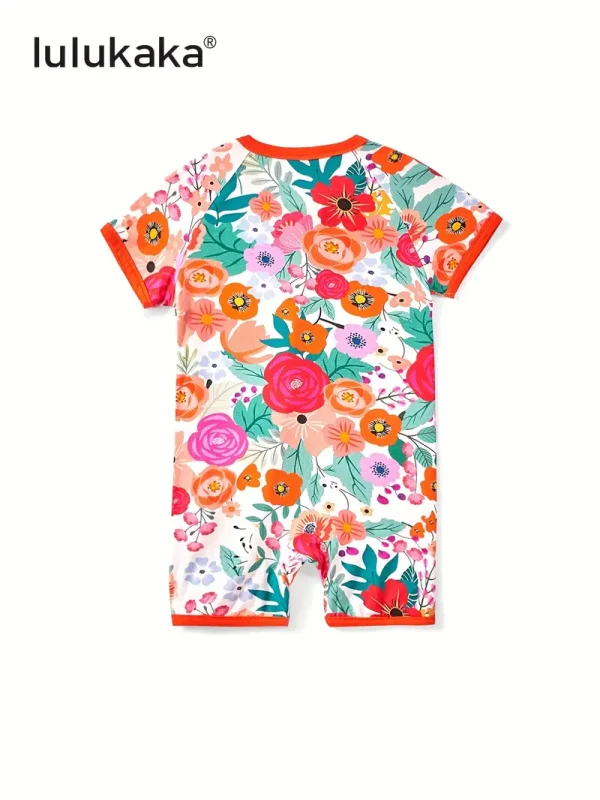 [1pc LULUKAKA Baby Girls Floral Romper] 1pc LULUKAKA Fiber Baby Girls Romper - Casual Floral Print, Short Sleeve, Round Neck, Summer Knit Jumpsuit with Zipper, Loose Fit Infant Bodysuit, for Outdoor