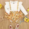 LULUKAKA Fake Two-Piece Baby Girl Romper with Small Floral Print, Ruffled Long Sleeves, And a Water Drop Button Dress for Newborn Girls, for Outdoor