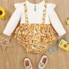 LULUKAKA Fake Two-Piece Baby Girl Romper with Small Floral Print, Ruffled Long Sleeves, And a Water Drop Button Dress for Newborn Girls, for Outdoor