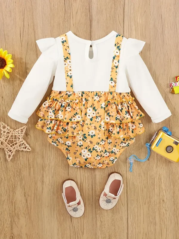 LULUKAKA Fake Two-Piece Baby Girl Romper with Small Floral Print, Ruffled Long Sleeves, And a Water Drop Button Dress for Newborn Girls, for Outdoor